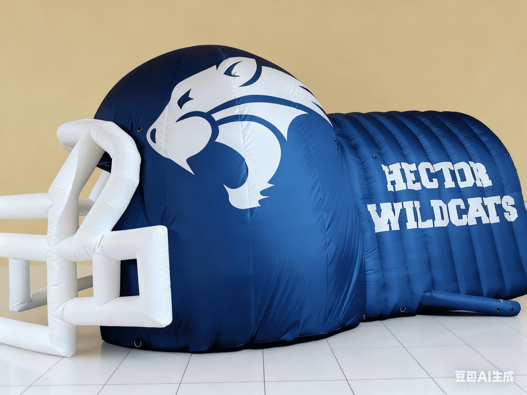 inflatable football helmet tunnel for Hector Wildcats in blue and white