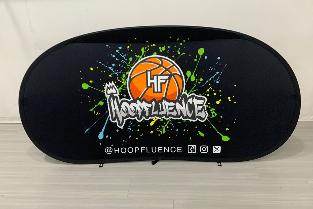 Black oval pop up banner with basketball design and 'HOOPFLUENCE' branding on a white background