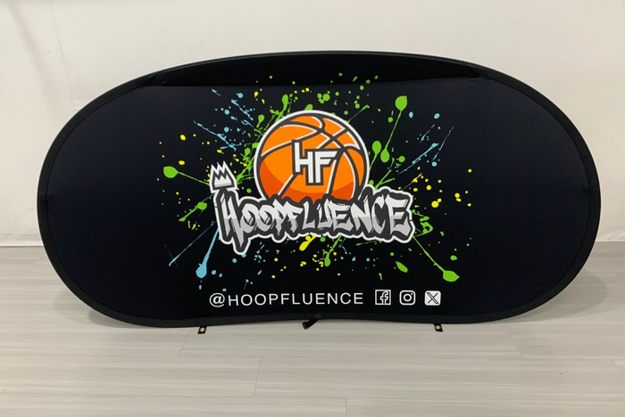 Black oval pop up banner with basketball design and 'HOOPFLUENCE' branding on a white background