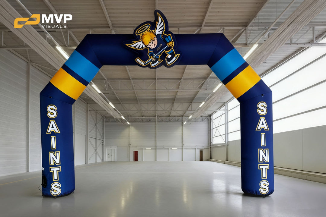 Blue and yellow inflatable arch with Saints hockey character topper