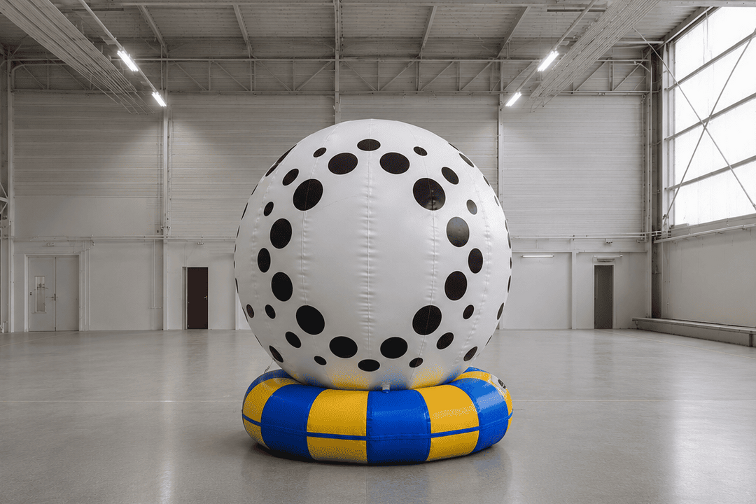 Large inflatable ball with black dots and blue and yellow base in a warehouse.