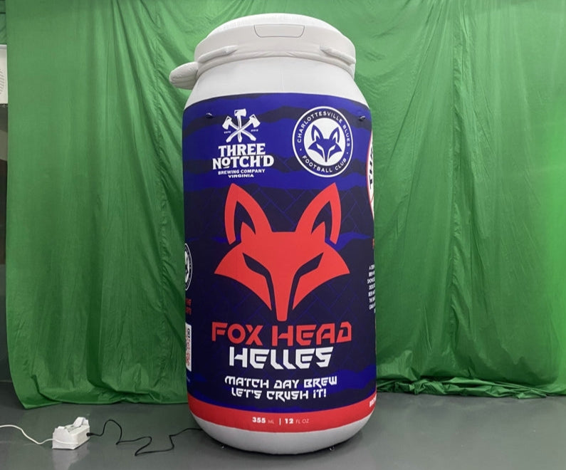 Inflatable can for Fox Head Helles by Three Notch'd Brewing, match day brew