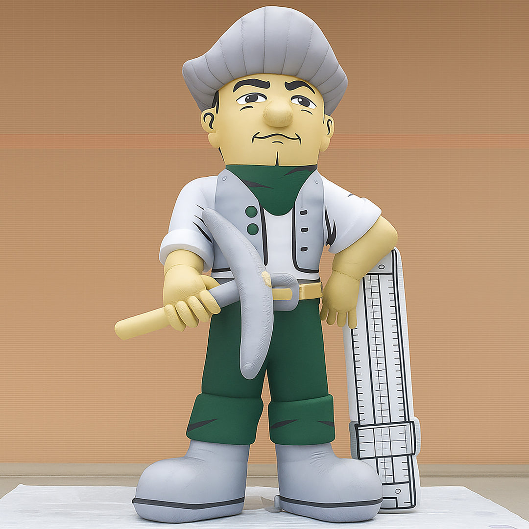 inflatable miner mascot holding pickaxe and ruler