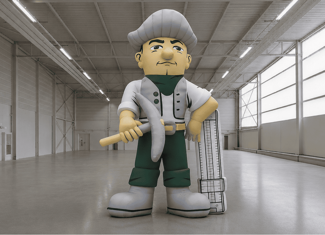 Inflatable miner mascot holding pickaxe and ruler for construction or trade show promotional display