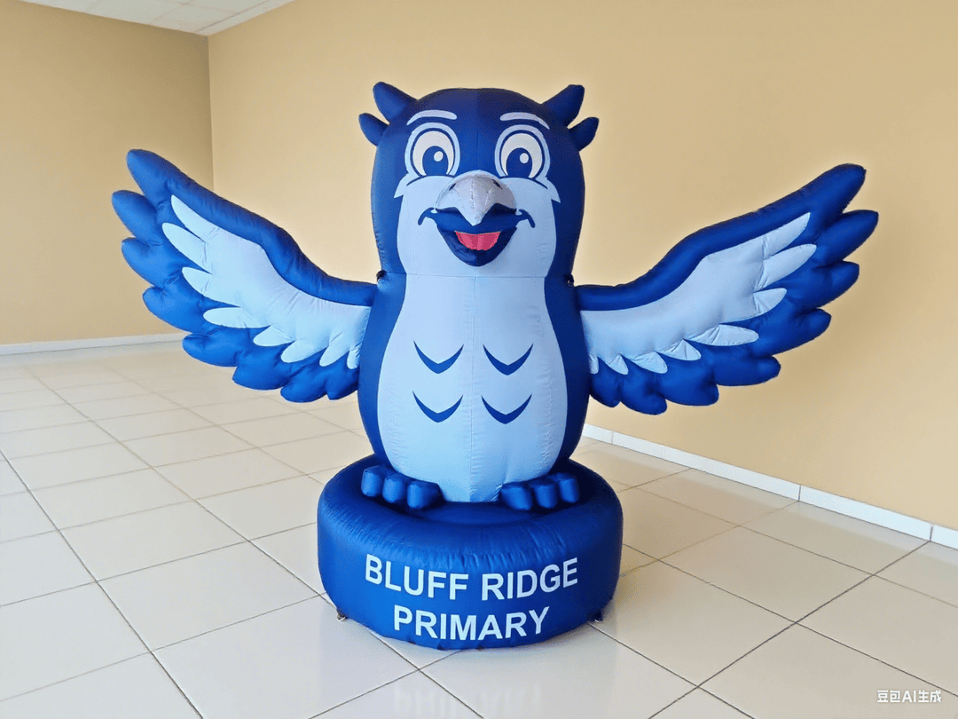 inflatable owl mascot for Bluff Ridge Primary with outstretched wings