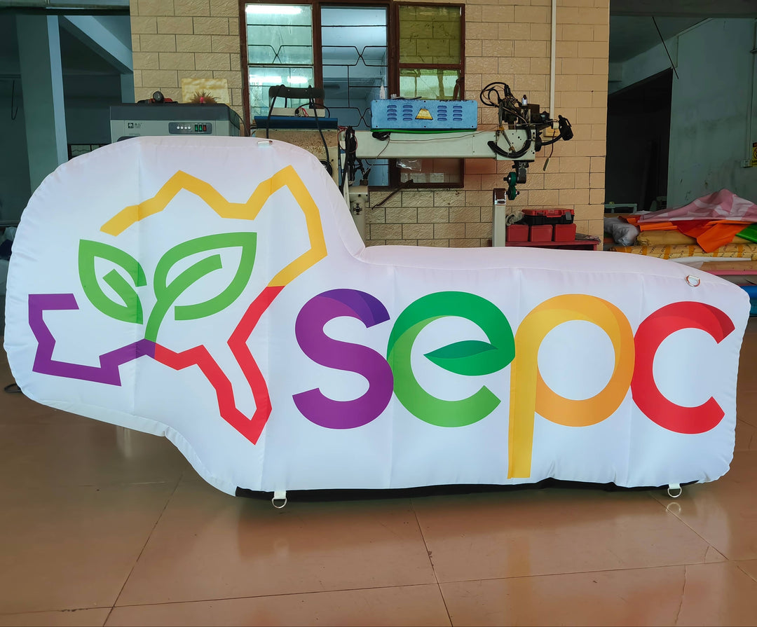 Inflatable SEPC logo display with colorful state outline and leaf graphic on a white base