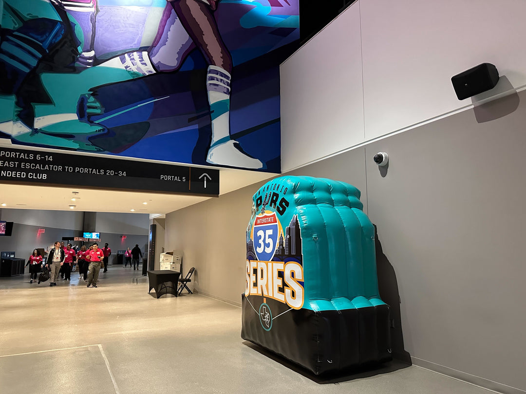 Inflatable Spurs 35 Series logo display inside stadium hallway