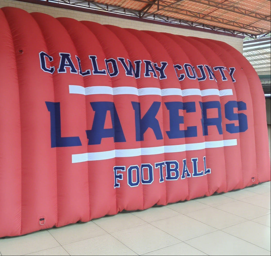 side view of Calloway County Lakers football inflatable tunnel with bold lettering