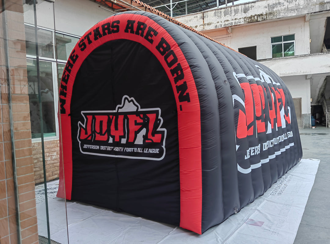 JOYFL inflatable tunnel for Jefferson District Youth Football League, red and black colors