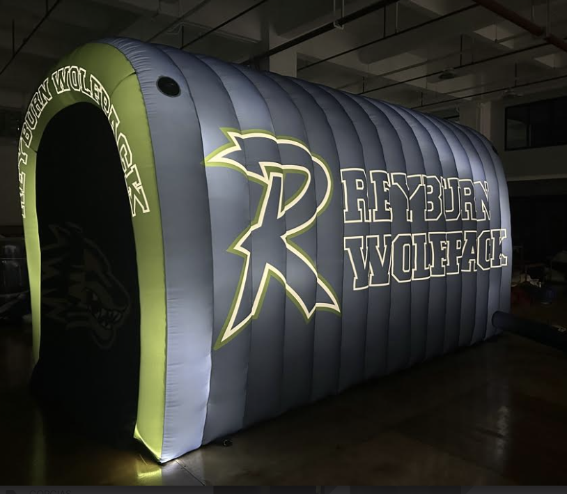Illuminated inflatable tunnel for Reyburn Wolfpack with large R and glowing outline