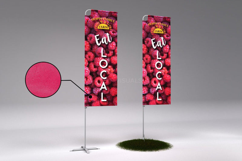 two vertical mesh feather flags featuring Hopps Family Farm brand with Eat Local slogan with raspberries as background
