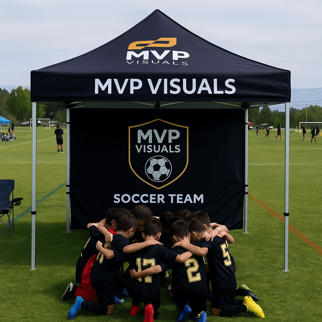 Children in soccer uniforms huddled together under a MVP Visuals tent on a soccer field.
