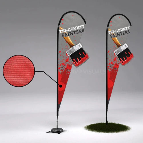 Custom shape teardrop flags for TRI-COUNTY PAINTERS with red splash design and stands