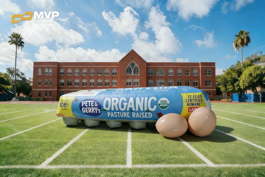 Giant inflatable egg carton product replica Pete and Gerrys Organic outdoor trade show