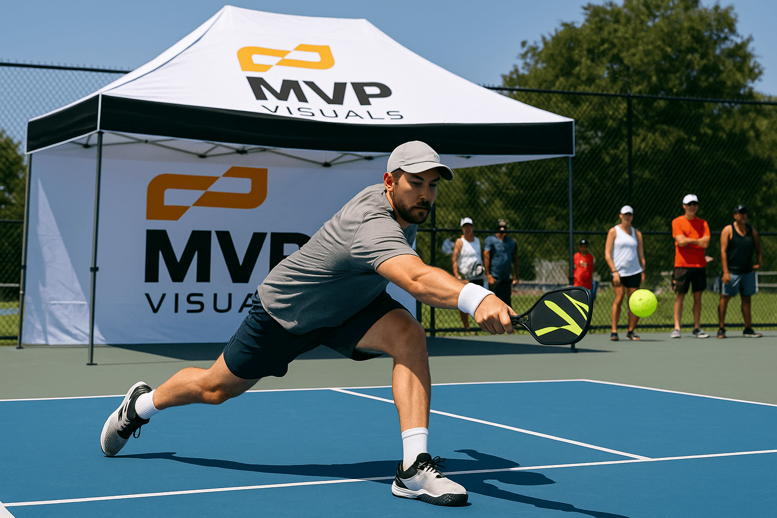 Pickleball player lunging on court with paddle as spectators watch, with a large 10x20 MVP Visuals canopy tent in the background