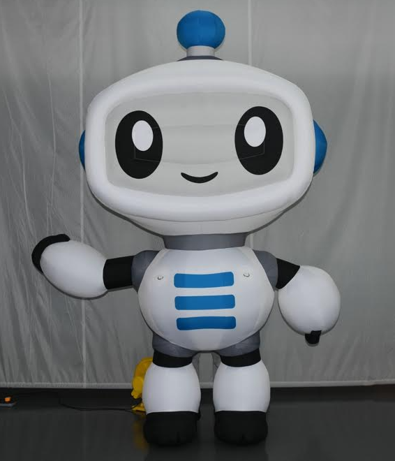 Front view of smiling Planning Center inflatable robot mascot with blue chest design.