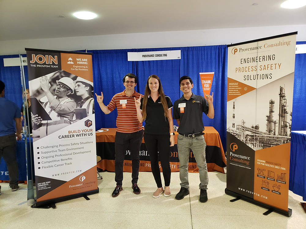 Roll up banners and recruiting booth for Provenance Consulting featuring engineering career opportunities and process safety solutions.