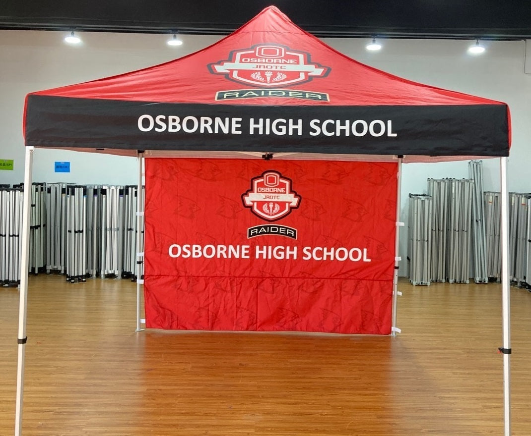 Red and black Osborne High School canopy in an indoor setting