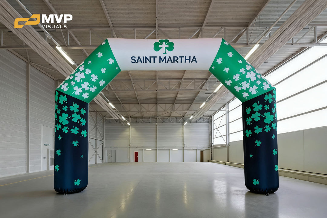 Saint Martha inflatable arch with green and navy clover design