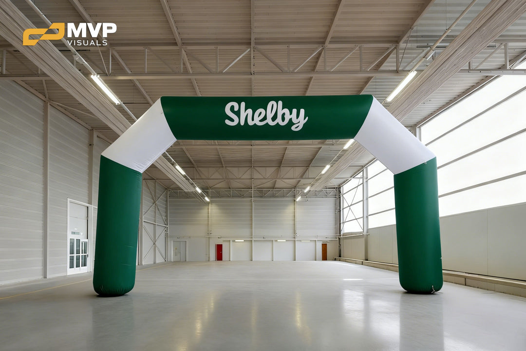 Green and white inflatable arch with Shelby logo