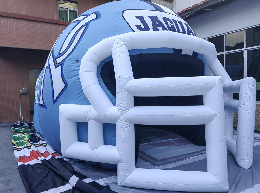 side view of Jaguars light blue inflatable helmet tunnel setup outdoors