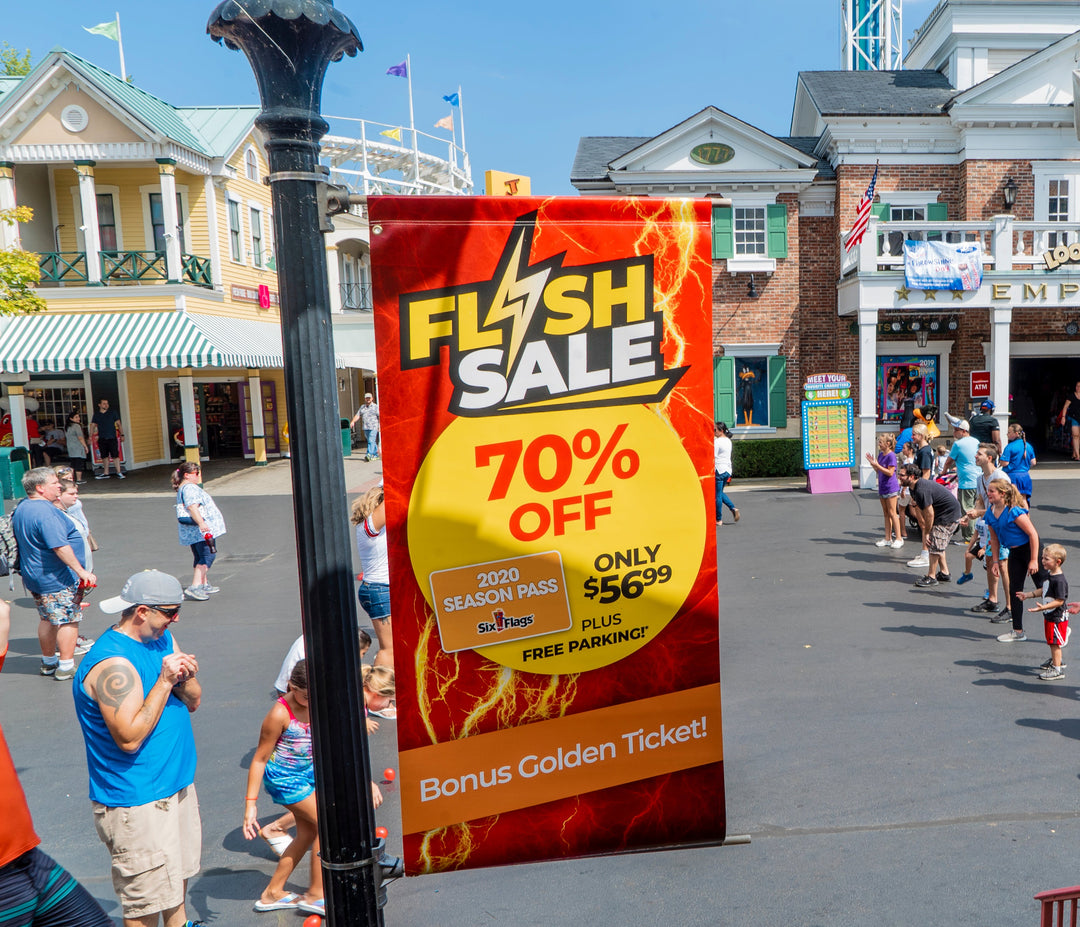 Six Flags Flash Sale custom light pole banner for theme park advertising