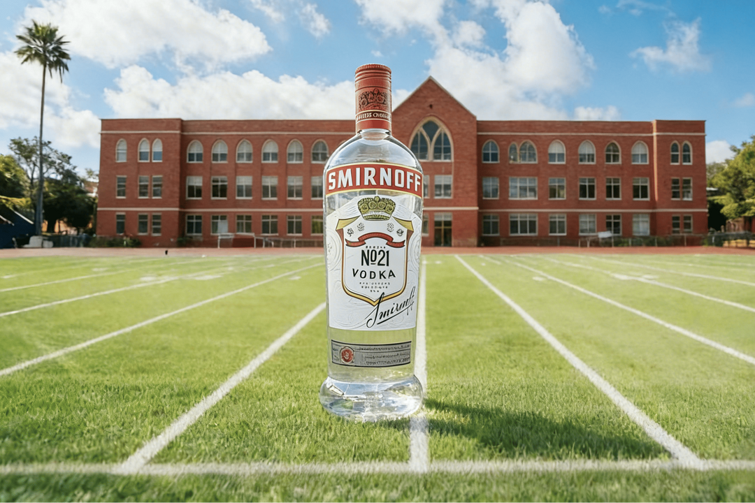 Smirnoff vodka bottle on a football field with a school building in the background