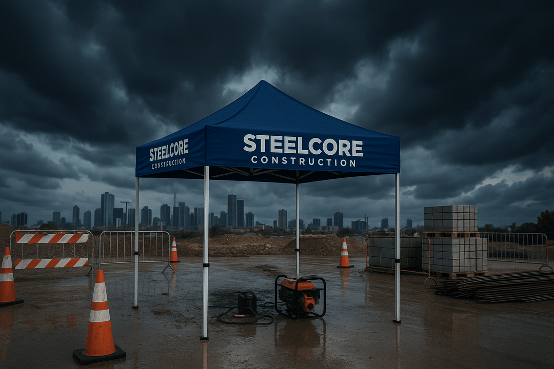 SteelCore Construction blue canopy tent on stormy construction site with wet ground, safety barriers, and city skyline in background.