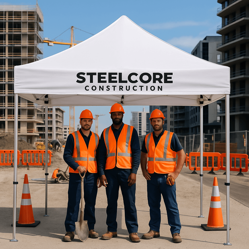 three crew from steelcore construction under 10x10 white custom canopy tent with steelcore construction branding on the valance