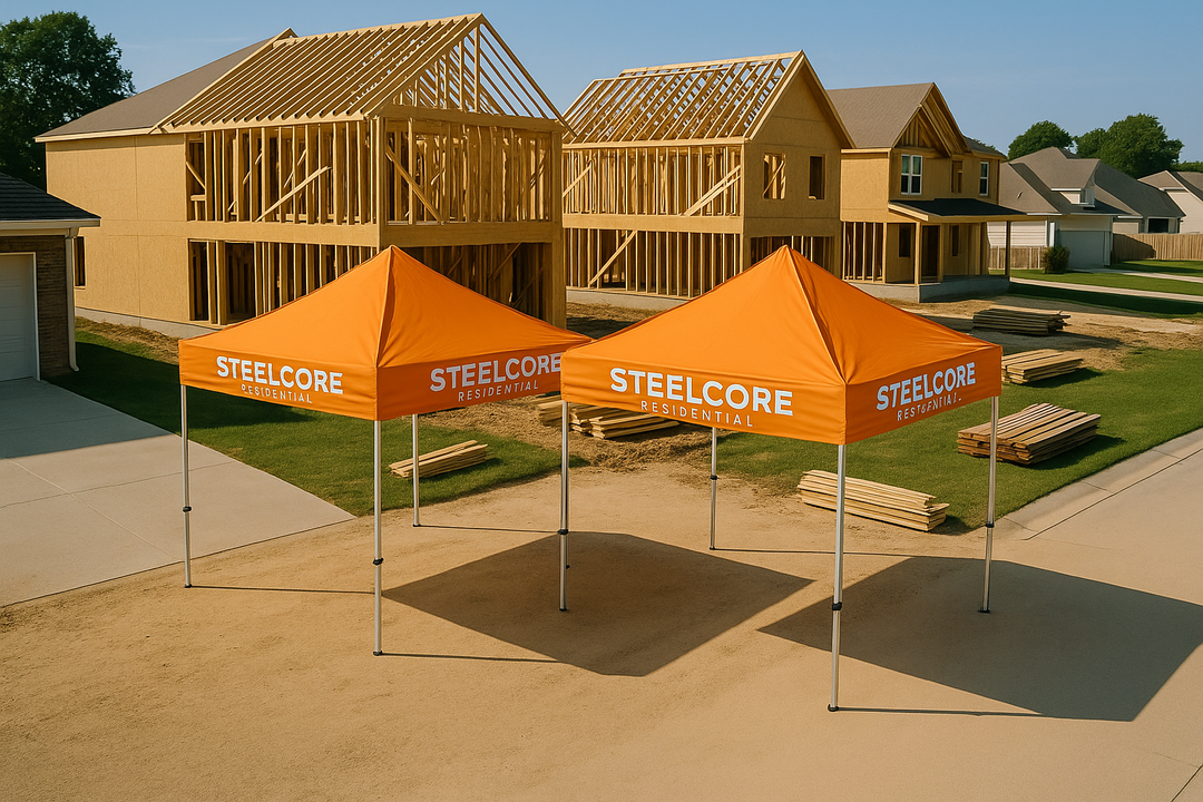 SteelCore Residential orange canopy tents partially unfolded at a suburban residential construction site with framed wooden houses, lumber stacks, and clear sunny skies, no workers present.