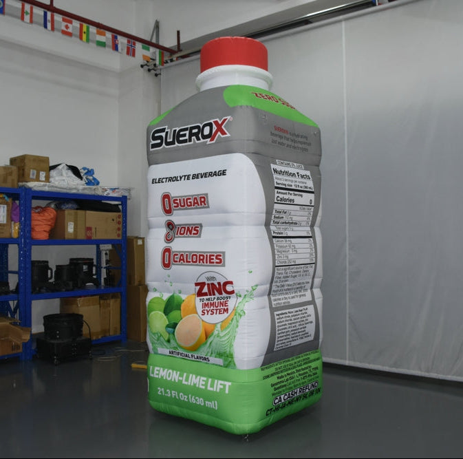 Inflatable SueroX lemon lime electrolyte drink bottle with nutrition info
