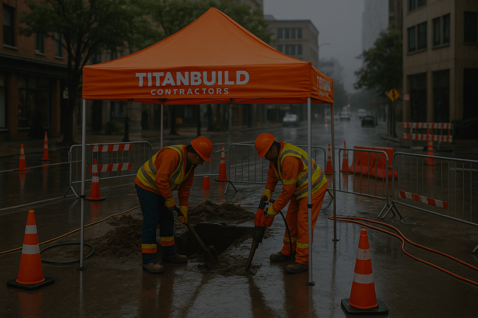 Construction workers operating tools under a bright orange TitanBuild Contractors canopy tent on a rainy urban jobsite with wet pavement and safety barriers.