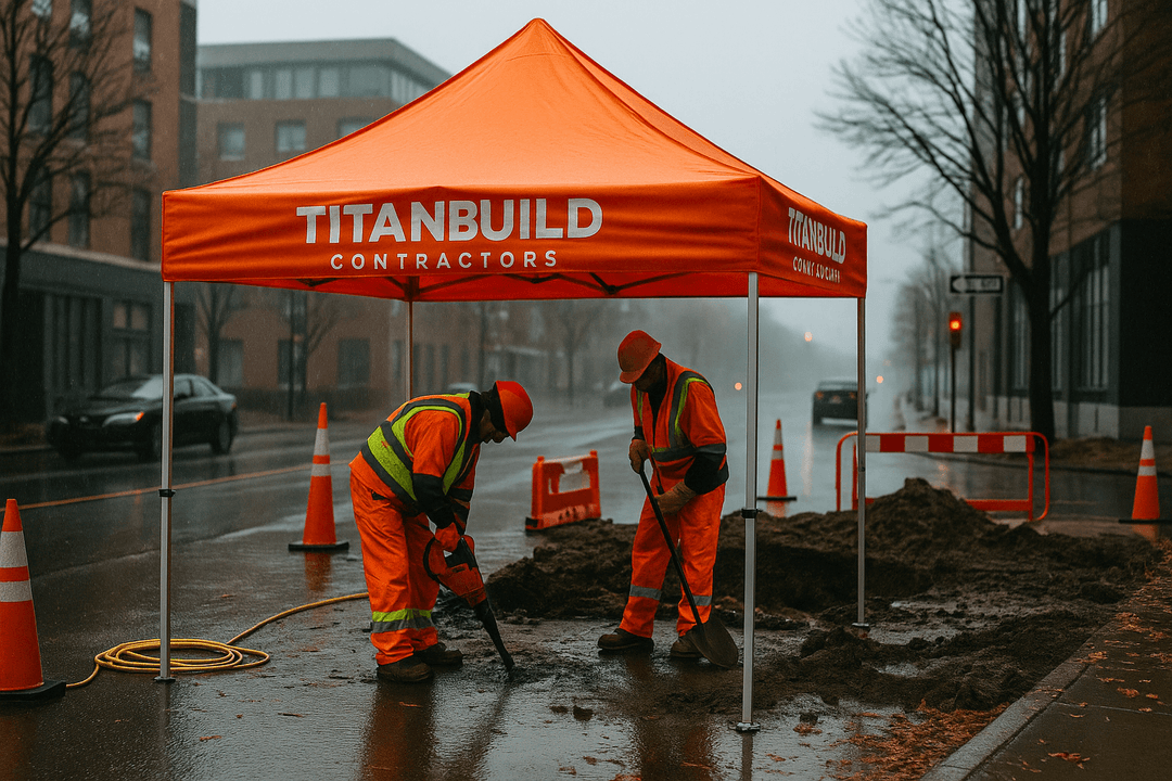 titanbuild contractors crew working at a jobsite under a branded custom construction canoipy