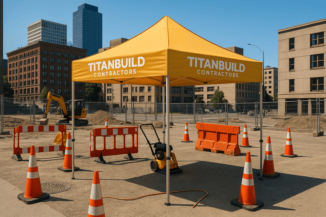 TitanBuild Contractors yellow canopy tent at urban construction site on sunny day surrounded by safety barriers and equipment.