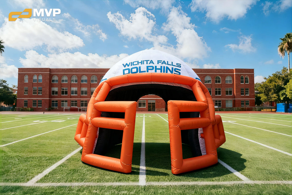 Wichita Falls Dolphins inflatable football helmet tunnel orange helmet entrance