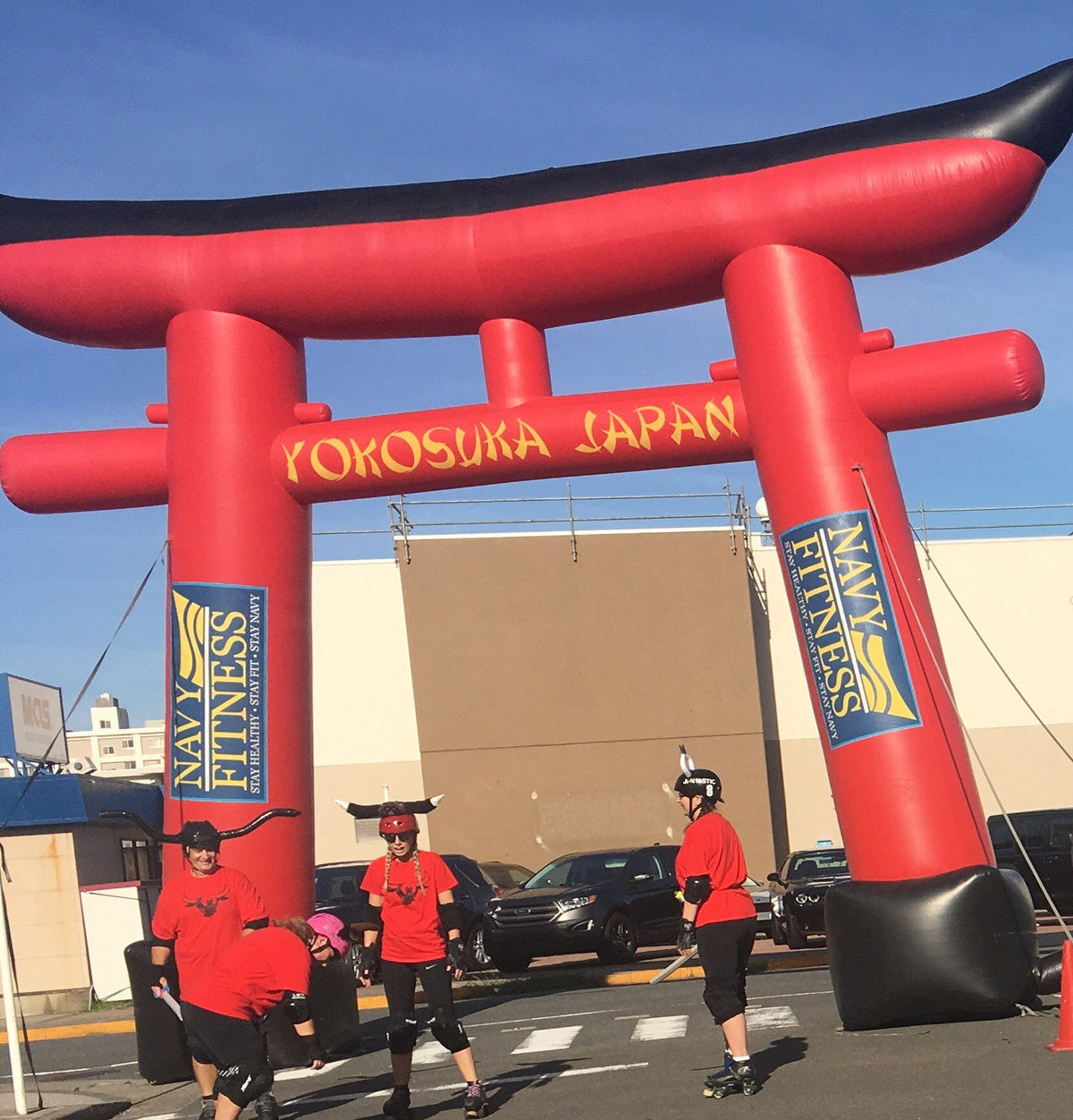 Red inflatable torii gate arch for Navy Fitness event in Yokosuka Japan