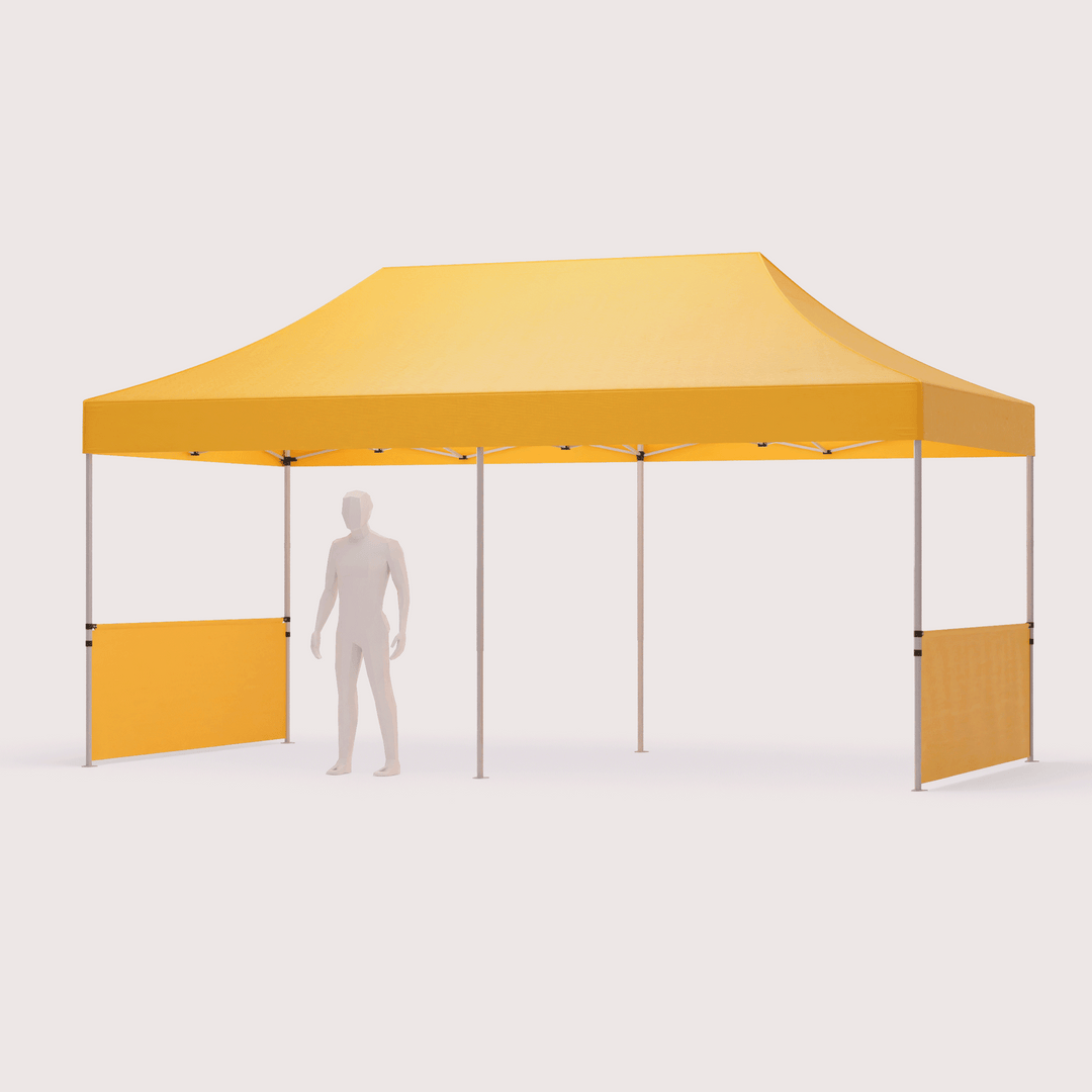 10 x 20 custom tent with half-sidewalls on both sides with 3d model standing under the canopy for scale