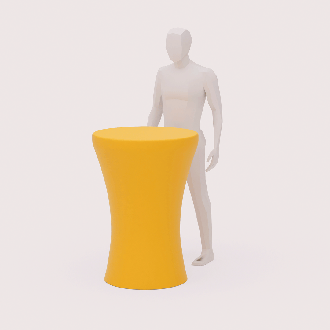A custom round table cover complemented by a 3D model for scale comparison