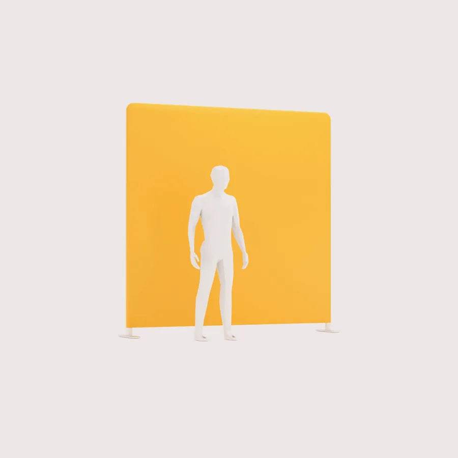 Fitted fabric backdrop with a person for scale